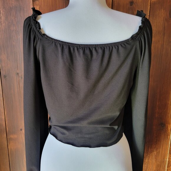 Black Off-Shoulder Crop Top Women L Ruffle Neck Balloon Sleeve Y2K 90s Vintage - Picture 10 of 13